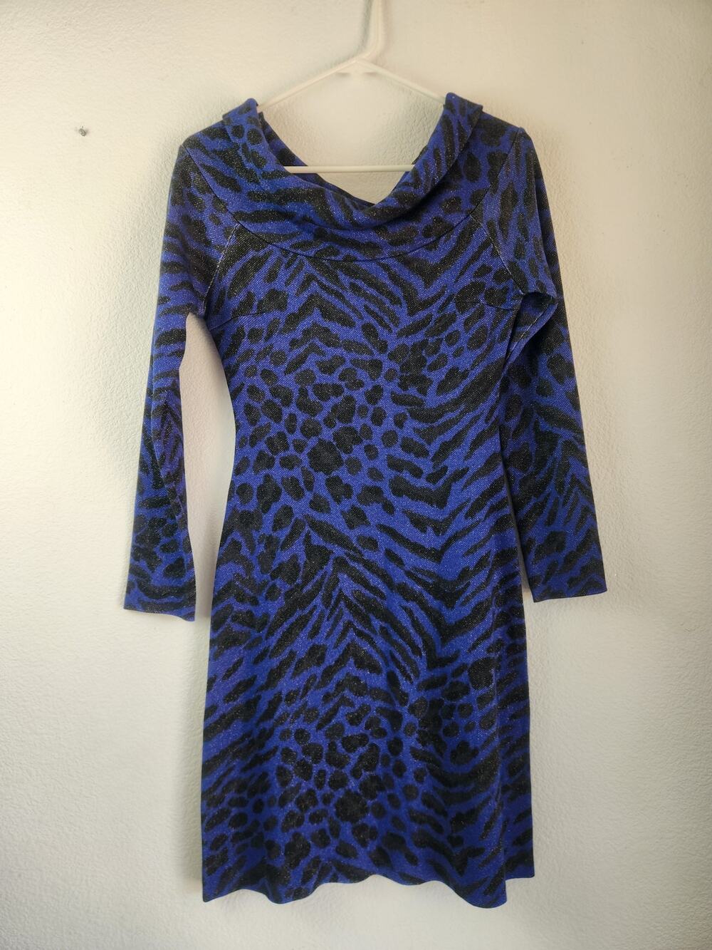 Blumarine Blue Black Dress Long Sleeve Size 38 Italian US Size 2 Cowl Neck NWT